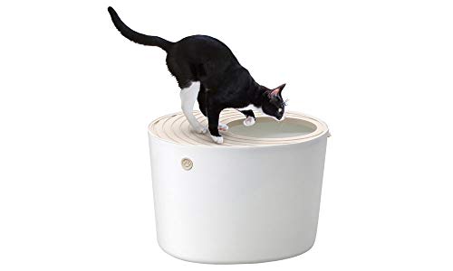 Iris Ohyama, Inodoro para gatos con tapa ranurada, entrada superior y pala - Top Entry Cat Litter Box - PUNT-530, plástico, blanco, 53 x 41 x 37 cm
