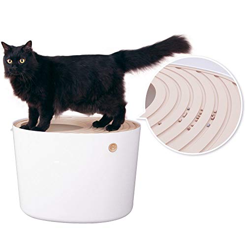 Iris Ohyama, Inodoro para gatos con tapa ranurada, entrada superior y pala - Top Entry Cat Litter Box - PUNT-530, plástico, blanco, 53 x 41 x 37 cm