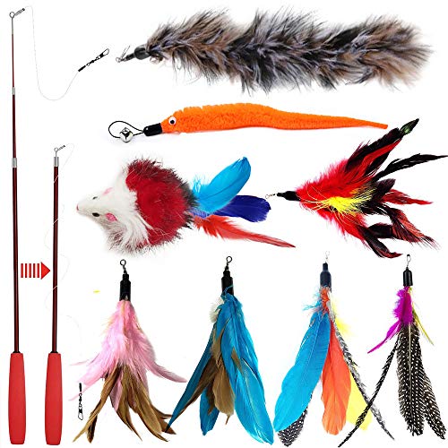 Juguete de varita con plumas retráctil, para gatos, interactivo, con 8 repuestos de plumas, pájaros y ratones, de OneBarleycorn
