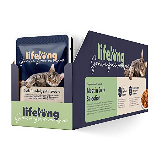 Marca Amazon - Lifelong Comida húmeda para gatos adultos sin cereales Selección de carne en gelatina-pato,pollo,pavo y vacuno, 2,4 kg (28 bolsitas x 85g)