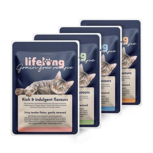 Marca Amazon - Lifelong Comida húmeda para gatos adultos sin cereales Selección de carne en gelatina-pato,pollo,pavo y vacuno, 2,4 kg (28 bolsitas x 85g)