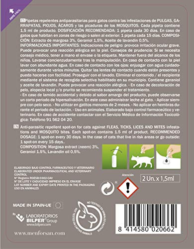Menforsan  Pipetas Anti-Insectos Con Margosa, Geraniol Y Lavandino, para Gatos, 2 x 1.5 ml