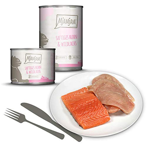 MjAMjAM - Pienso acuoso para Gatos - Jugoso Pollo y salmón Salvaje - Sin Cereales - 6 x 400 g