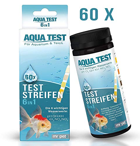 Mr. Petz Aqua Test - 60 Tiras de medición Test Agua Acuario - Kit Acuario de Prueba rápida 6 en 1 - Accesorios para acuarios y terrarios Tropicales Agua Salada o Fría - 6 Indicadores Calidad del Agua
