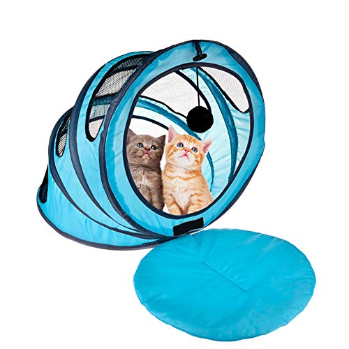 MRQXDP Casa de Gatos multifunción Túnel de Gato Plegable Kit de Nido de Mascotas Hogar de Tipo Espiral Tienda de Gato Túnel de casa Juguete con Campanas Amarillo 35cm Azul