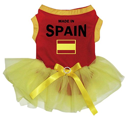 Petitebelle Ropa para perro, fabricada en España, algodón rojo, parte superior amarilla, vestido tutú