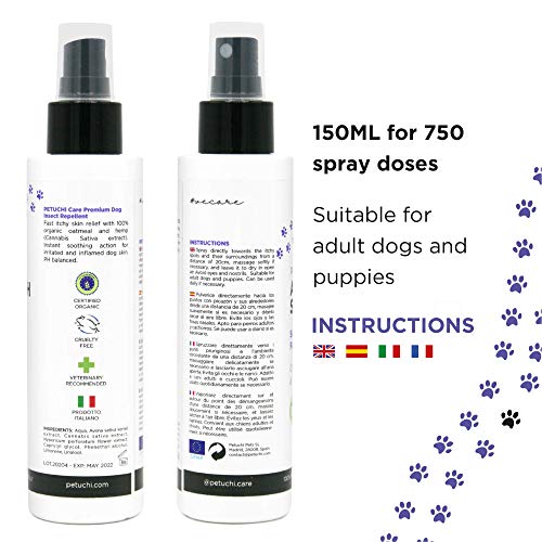 PETUCHI Spray Anti-Picores Bio para Perros; Piel Sensible; con Cáñamo y Avena; 150ml