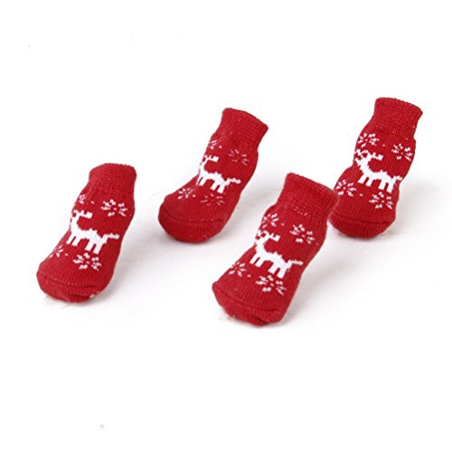 POPETPOP Medias de Navidad para Animales Reno Calcetines Perro Cachorro Gato Calcetines con Huellas de Pata 4pcs - tamaño L (Rojo)
