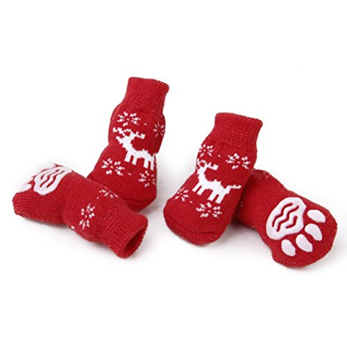POPETPOP Medias de Navidad para Animales Reno Calcetines Perro Cachorro Gato Calcetines con Huellas de Pata 4pcs - tamaño L (Rojo)