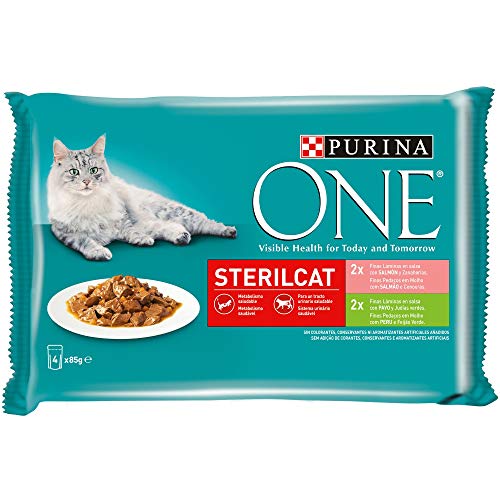 Purina ONE comida húmeda para gato esterilizados filetes en salsa con variedad de salmón y pavo 12 x [4 x 85 g]