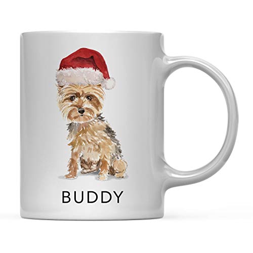 Rael Esthe Taza de café Personalizada para Perro, Yorkshire Terrier con Gorro de Papá Noel, Paquete de 1, Nombre Personalizado, Mascota, Perro, mamá, Familia