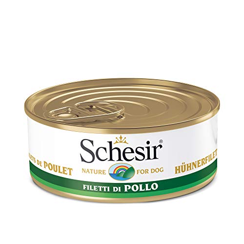 Schesir, Comida húmeda para Perros Adultos, Sabor filetes de Pollo con Buey en gelatina Blanda - Total 2,7 kg (18 latas x 150 gr)