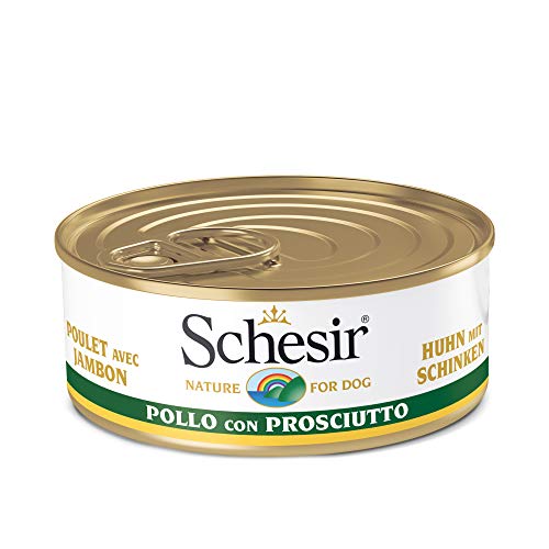 Schesir, Comida húmeda para Perros Adultos, Sabor Pollo con jamón en gelatina Blanda - Total 2,7 kg (18 latas x 150 gr)