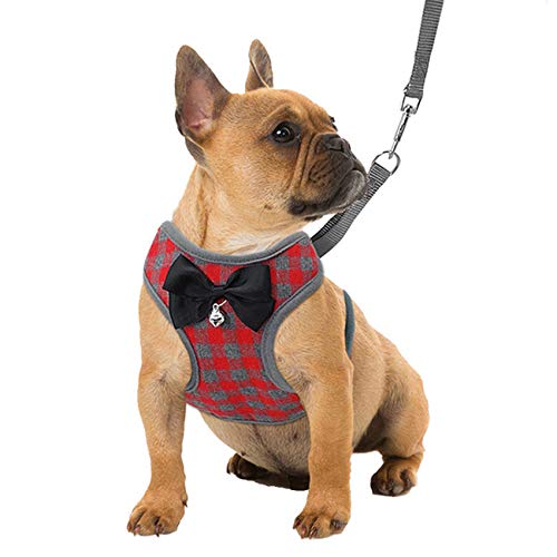 Tineer Pet Dog Plaid Bow Tie arnés Chaleco con Correa de Nylon para Cachorro de Gato Caminando o entrenando (M, Rojo)