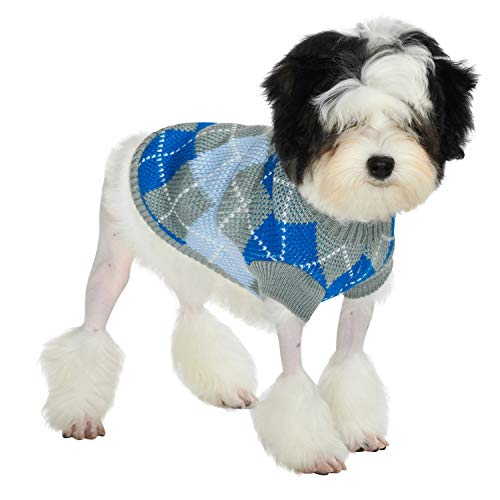 UrbanPup Suéter de rombos grises y azules (talla XL), longitud del cuerpo del perro: 40 cm