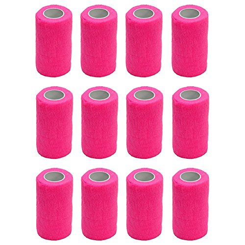 Vendaje autoadhesivo (12 rollos) de 10 cm x 4,5 m, para primeros auxilios, deportes, vendas, animales, de Cobox, rosa