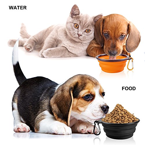 2-Pack plegable del recorrido Perro Bowl, MAXIN silicona Comedero portátil Pet Food agua de la taza, plato plegable extensible Copa para los animales domésticos, aprobado por la FDA. [Negro y naranja]