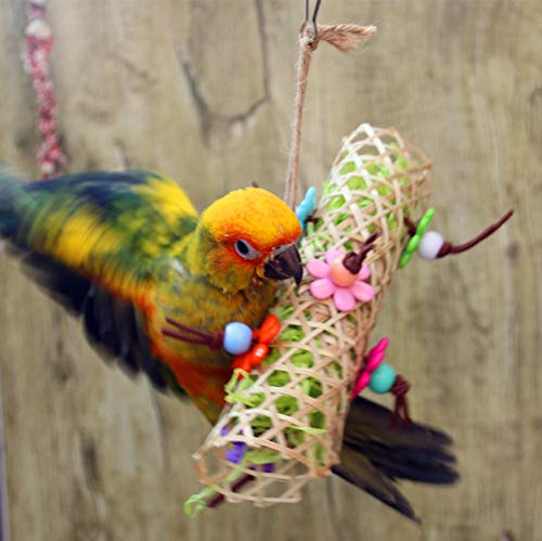 AIDIYA Juguetes para pájaros 3 paquetes de jaula para pájaros con forma de periquito, columpio para masticar, perchas colgantes con campana, hamaca de escalera de madera para conuras