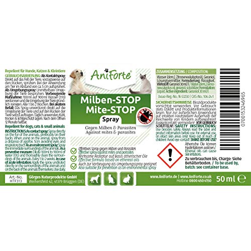 AniForte Spray antiácaros para Perros y Gatos 50 ml - Spray antiácaros para una Defensa eficaz contra Insectos y parásitos. Protección contra infestación de ácaros