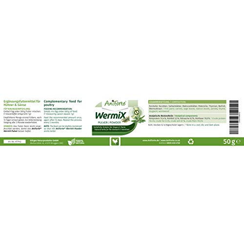 AniForte WermiX en polvo para pollos, gansos y patos 50g - antes, durante y después de la infestación de gusanos con saponina, sustancias amargas, taninos, ajenjo, armonizan el estómago y el intestino