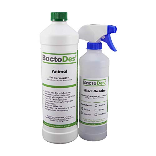 BactoDes - Eliminador de olores de Animales Animales – 1 litro, Incluye Botella de Mezcla – Eliminador de olores para orina de Gatos, orina de Perro y Animales pequeños