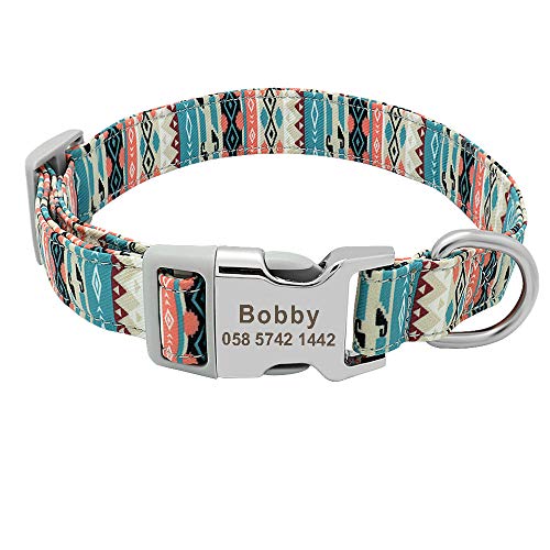 Beirui - Collar de perro de nailon con placa identificadora personalizable, estilo étnico, suave, para perros pequeños, medianos y grandes, con hebilla ligera