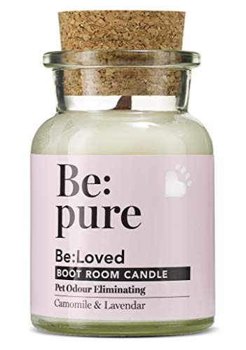 Be:pure Pet - Vela para eliminar olores de mascotas, cera de soja 100% natural, sin colorantes, aroma de manzanilla, lavanda y rosa con una mecha de madera, aprox. 30 horas de combustión