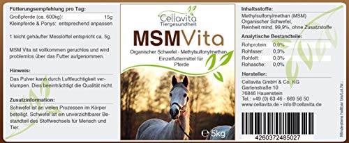 Cellavita MSM – Azufre orgánico – 5 kg para caballos, calidad farmacéutica, azufre puro 99,9% puro – Cubo de 5 kg