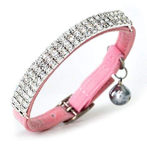 DAIXI Soft Velvet Safe Cat Collar Ajustable Bling Diamante con Campanas, 11 Pulgadas para Perros y Gatos pequeños (Pink)