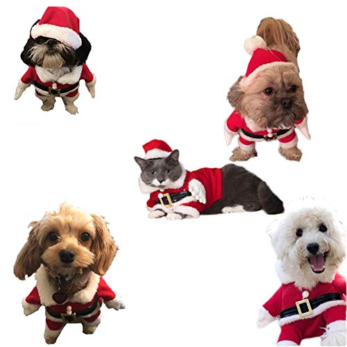 DELIFUR Trajes de Navidad para mascotas Traje de perro con gorra Traje de Santa Claus Sudaderas con capucha de perros Trajes de Navidad para gatos Traje de fiesta C¨¢lido en invierno