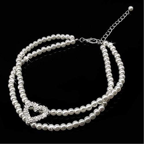 EPRHY Collar de perlas para mascotas, collar de perlas, collar con colgante de corazón de diamantes de imitación, color blanco
