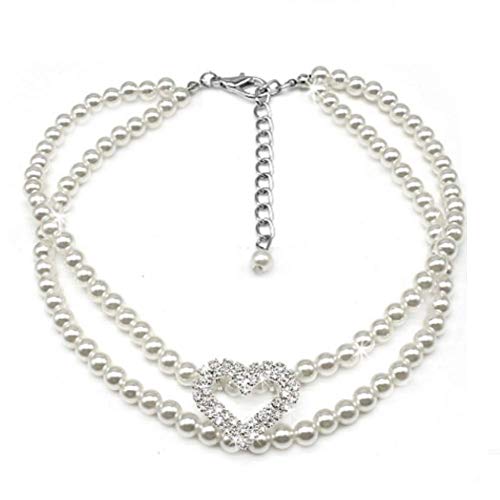 EPRHY Collar de perlas para mascotas, collar de perlas, collar con colgante de corazón de diamantes de imitación, color blanco