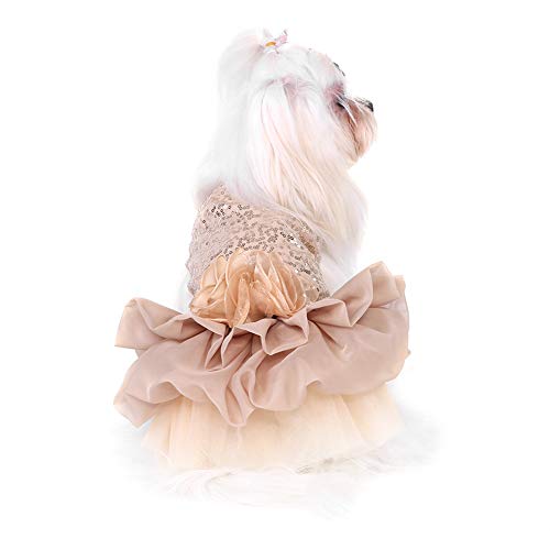 Garosa Vestido De Perro para Mascotas Ropa para Perros Pequeños Lentejuelas Tiquín Sedoso Disfraz De Perrito Princesa Elegante Falda Traje De Boda(L-Beige)