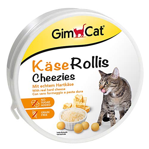 GimCat Rollis, comprimidos de queso – Snack para gatos rico en vitaminas con auténtico queso duro – Sin azúcar añadido ni cereales – 1 lata (1 x 200 g)