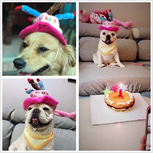 Gorro de cumpleaños para mascota con bandana, sombrero de gato ajustable con velas de colores, bufanda de cumpleaños para perro, para perros grandes y medianos, gatos y cachorros, color rosa