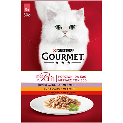 Gourmet Mon Petit Alimento para el Gato, deliziose Recetas con Cortar chuletas, con Manzo, Fegato y Caza, Pack de 6 Unidades x 50 g