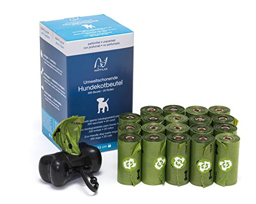 Happilax Bolsas para excrementos de Perros biodegradables con almidón de maíz, Bolsa Caca Perro y Gato sin Olor, 300 Piezas - con dispensador