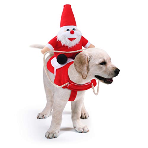 Idepet Disfraz Gato de Navidad, Ropa para Perros Cosplay con Papá Noel Montado en Mascota Gato Perro Abrigo Rojo (XL)