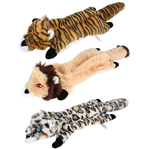 LeerKing Juguete para Masticar Perros Sin Relleno Peluche Chirriante Juguete para Perros Mascota Cachorro con 3 PCS Adorable Animal Looking Tiger Leopard Lion
