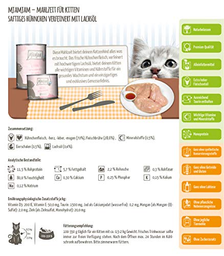 MjAMjAM - Pienso acuoso para Gatitos - Comida para Gatitos de Pollo jugoso Refinado con Aceite de salmón - Sin Cereales - 6 x 200 g