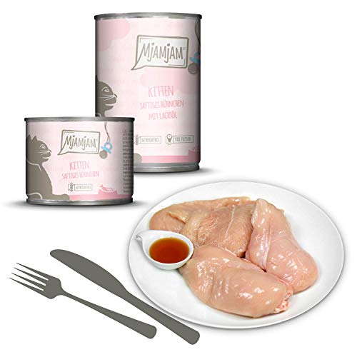 MjAMjAM - Pienso acuoso para Gatitos - Comida para Gatitos de Pollo jugoso Refinado con Aceite de salmón - Sin Cereales - 6 x 200 g