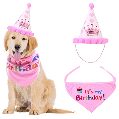 NATUCE Dog Birthday Pañuelos y Gorro para Perro, Bufanda Suave y Adorable Sombrero para Fiestas, Decoración de Cumpleaños para Mascotas (Rosa)