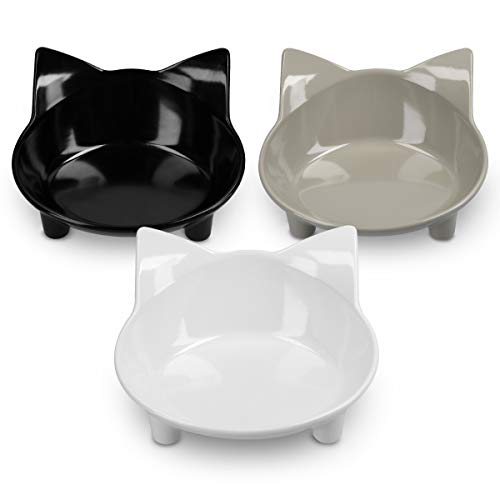 Navaris 3X Comedero para Gato - Juego de 3 Cuencos para Comida y Agua para Perros y Gatos Antideslizantes - con Forma de Gato en Blanco Negro y Gris