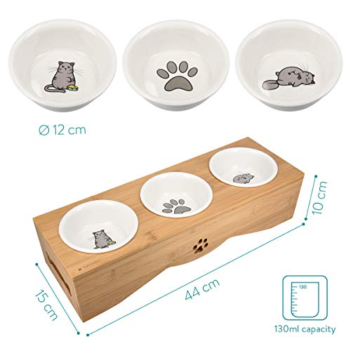 Navaris 3X Cuenco Elevado para Mascotas - Comedero y Bebedero Triple de cerámica para Perros Gatos Cachorros - con Elegante Soporte de bambú