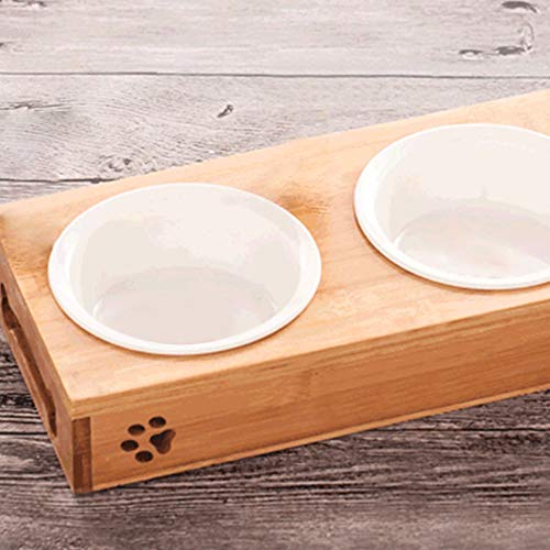 OurLeeme Comederos para Mascotas Cat, Soporte Doble de bambú con Dos Cuencos de cerámica para Comida y Agua para Perros