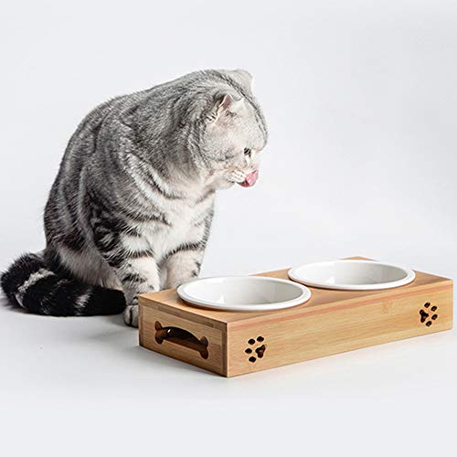 OurLeeme Comederos para Mascotas Cat, Soporte Doble de bambú con Dos Cuencos de cerámica para Comida y Agua para Perros