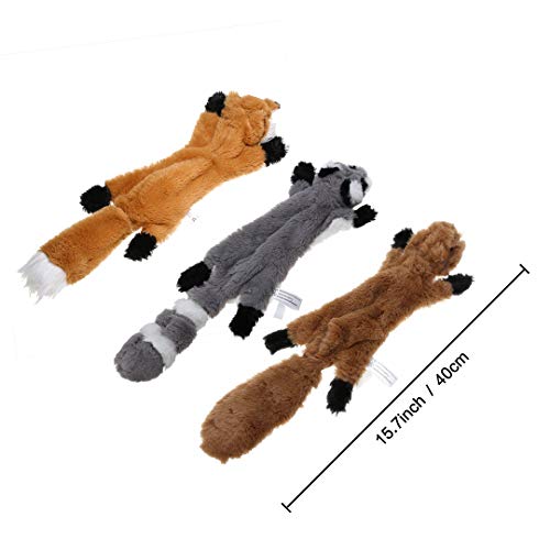 PDTO Juguete para perro sin relleno, juego de juguetes para masticar con ardilla mapache y zorro de peluche para perros pequeños y medianos, 3 paquetes, 46 cm
