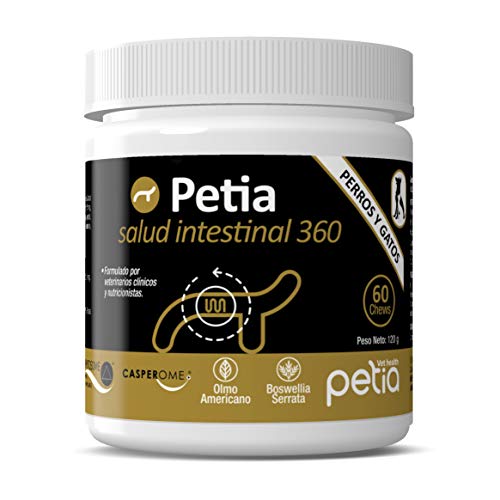 Petia Vet Health Salud INTESTINAL 360. Masticables con Sabor a Pato. Fosfolípido de Boswellia serrata (CASPEROME by Indena), Olmo Americano, Glyzyrrhiza glabra, Pep Zin GI. 60 Chews