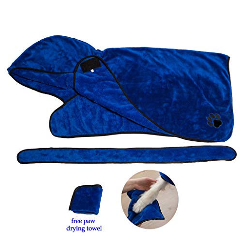 PETtyBourgeoisie - Albornoz con capucha para perro + toalla de pata, 4 x absorbente, 100% microfibra para secado de perro