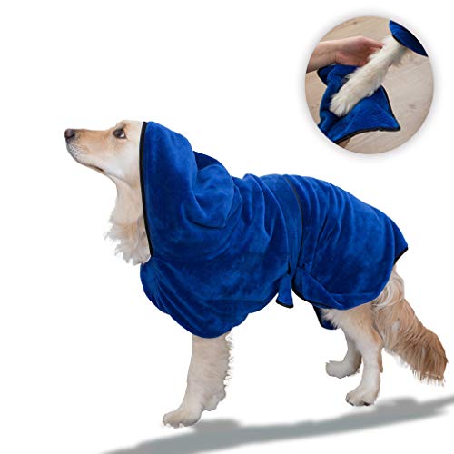 PETtyBourgeoisie - Albornoz con capucha para perro + toalla de pata, 4 x absorbente, 100% microfibra para secado de perro